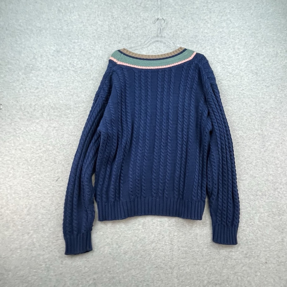 Vintage Eddie Bauer Sweater Mens L Blue Cable Knit Chunky V-Neck Tennis Cricket - Picture 8 of 9